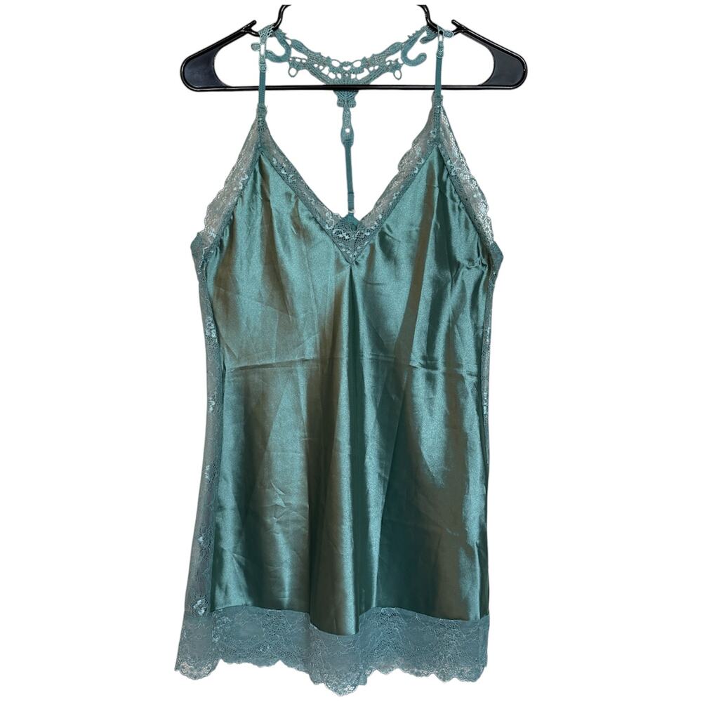 AvidLove Teal Lace Sides T-Back Satin Feel Chemise Lingerie Night Dress Sz Small
